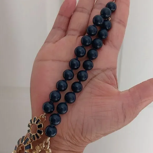 Talbots Gold Tone and Navy Blue Enameled Sunburst and Beads Statement Necklace - Picture 5 of 6